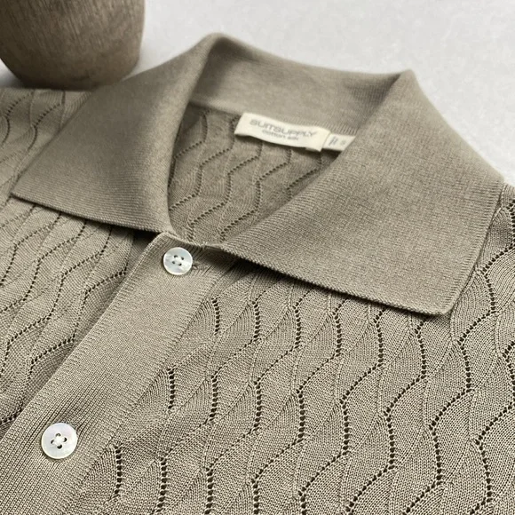 Suitsupply Cotton Silk Semi Sheer Lace Knit Short Sleeve Button Up Polo Cardigan - Picture 7 of 14